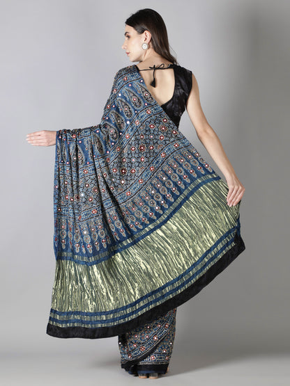 Cobalt Blue And Black Ajrakh Saree