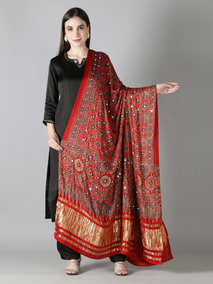 Crimson Red With Zari Pallu Ajrakh Dupatta