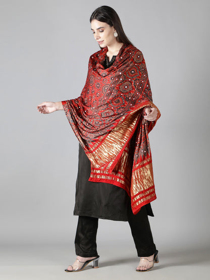 Crimson Red With Zari Pallu Ajrakh Dupatta
