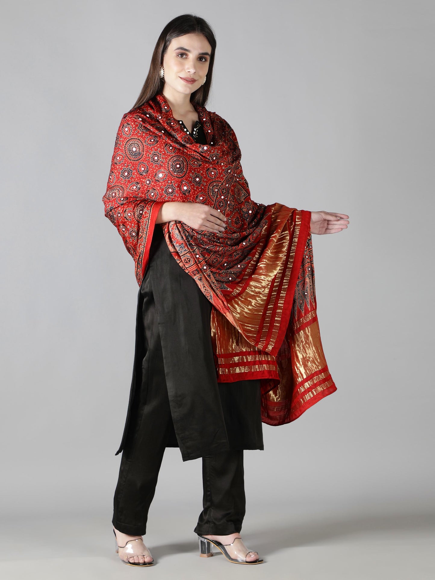 Crimson Red With Zari Pallu Ajrakh Dupatta