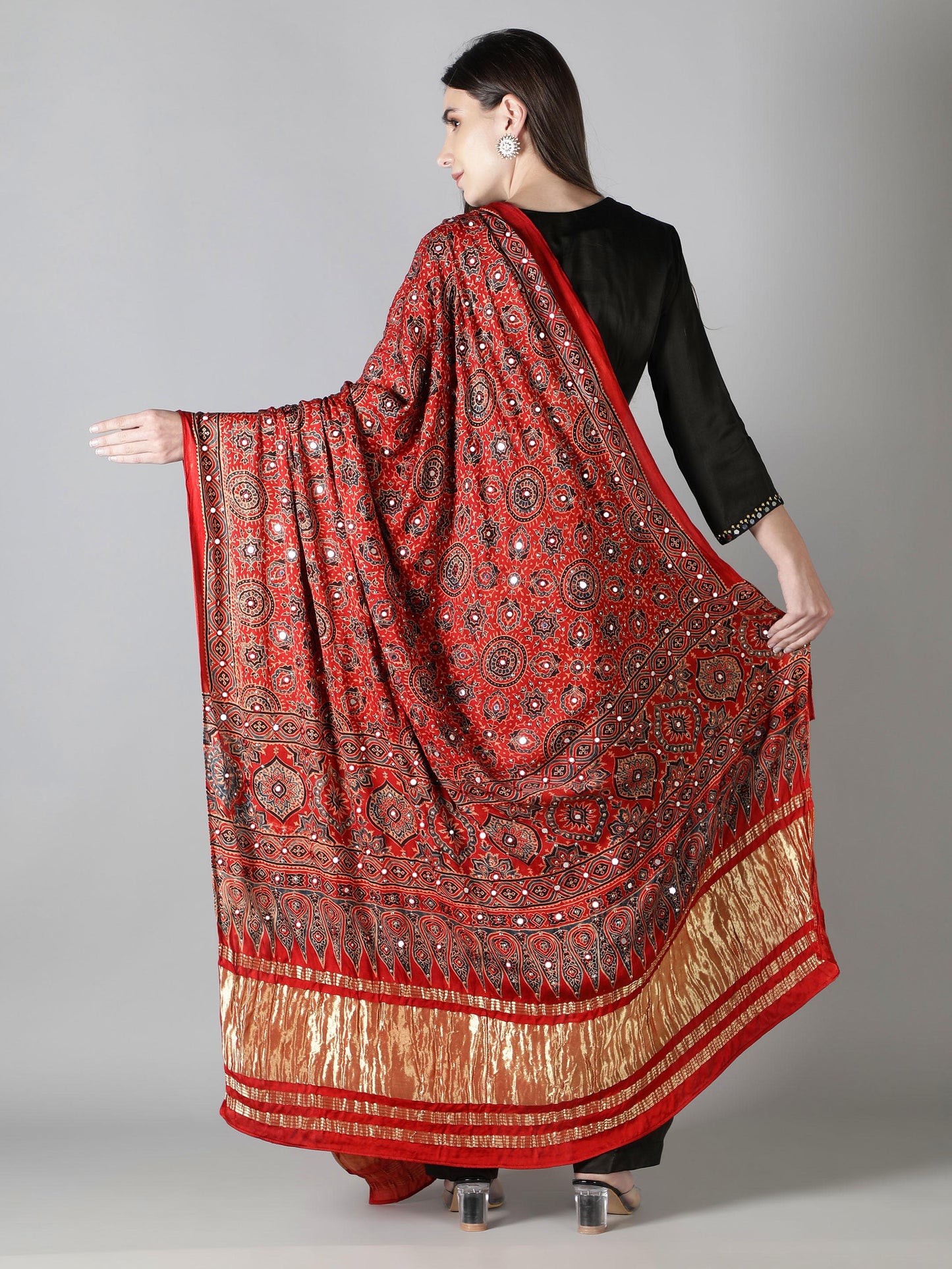 Crimson Red With Zari Pallu Ajrakh Dupatta
