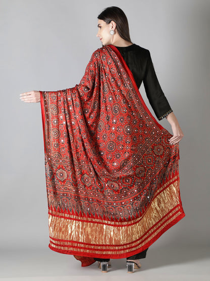 Crimson Red With Zari Pallu Ajrakh Dupatta