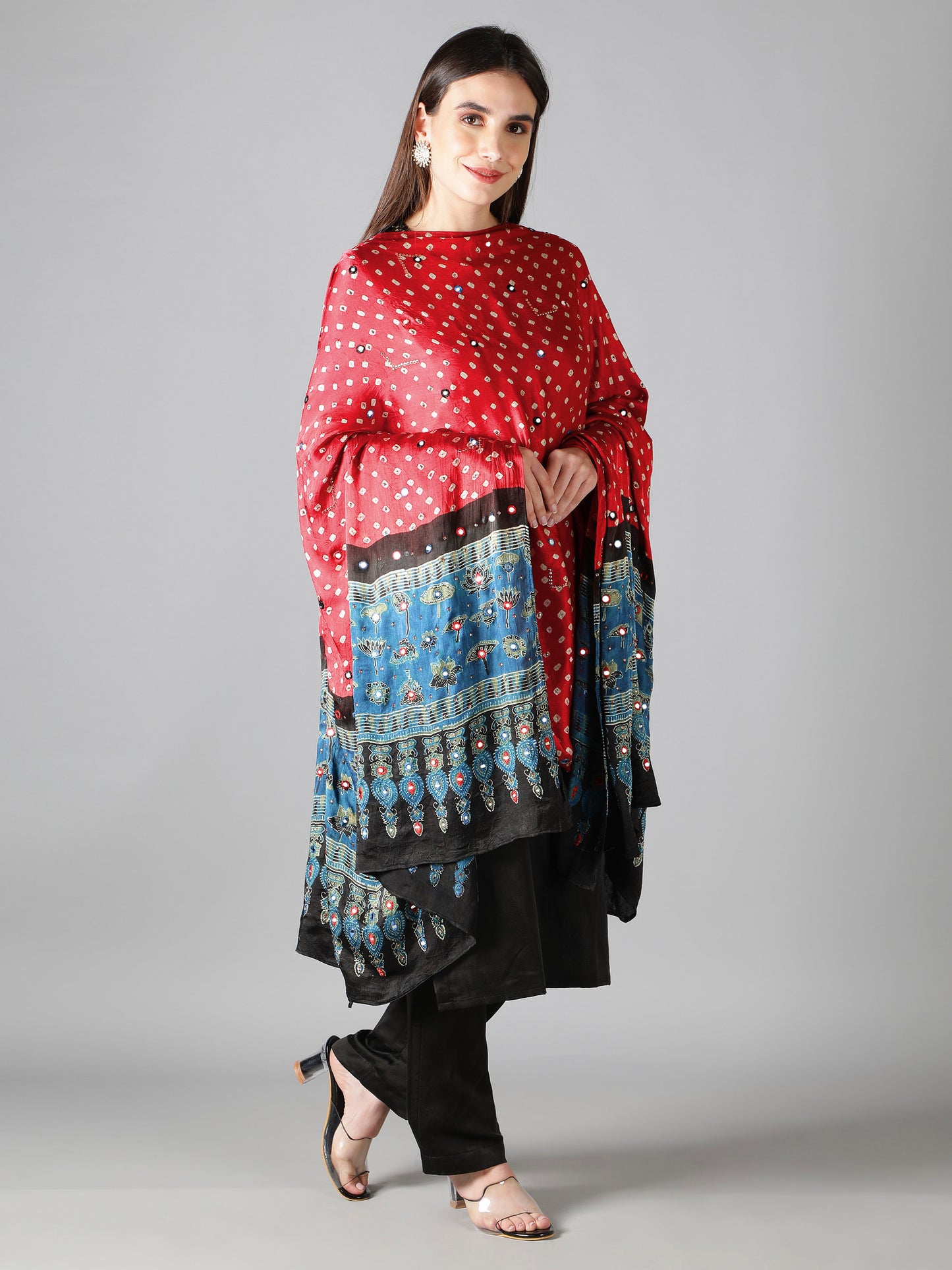 Pink Bandhej with Blue Ajrakh Pallu Dupatta