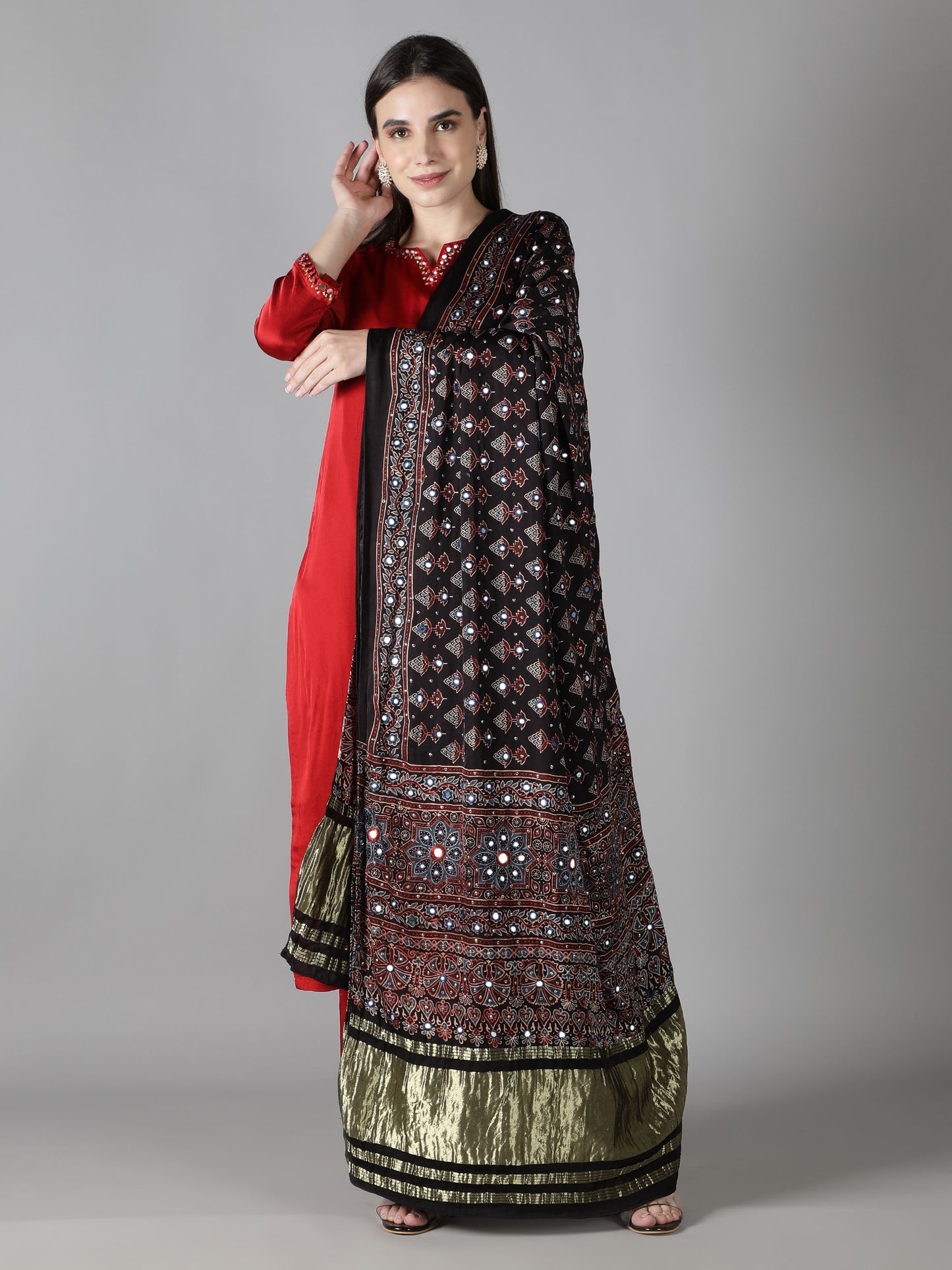 Midnight Black Boota Ajrakh Dupatta