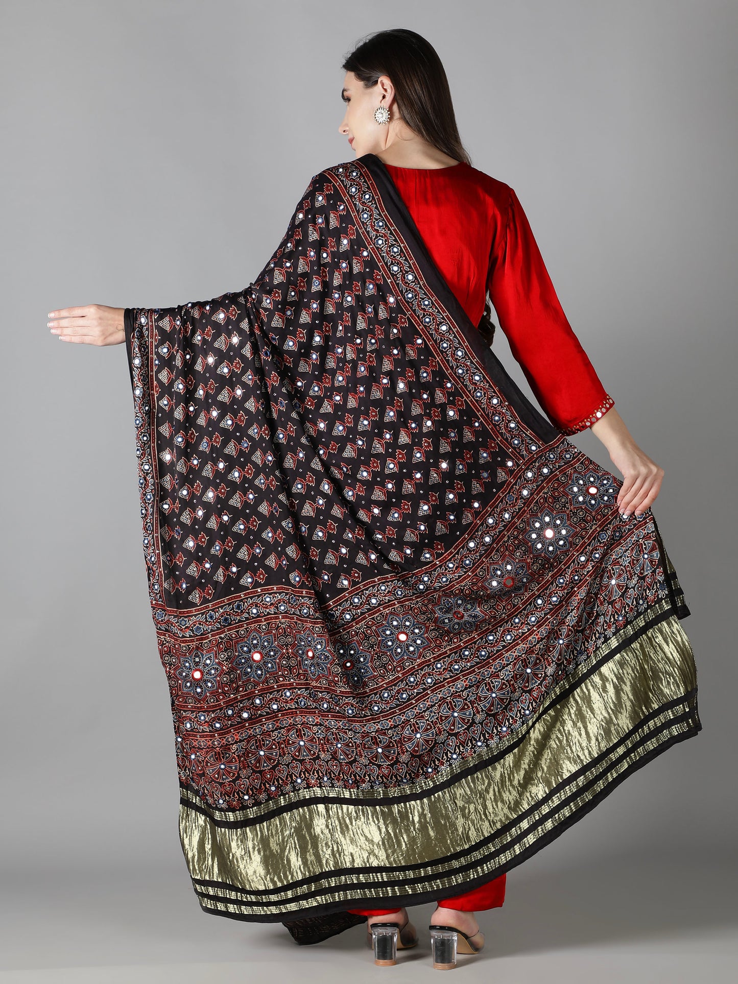 Midnight Black Boota Ajrakh Dupatta