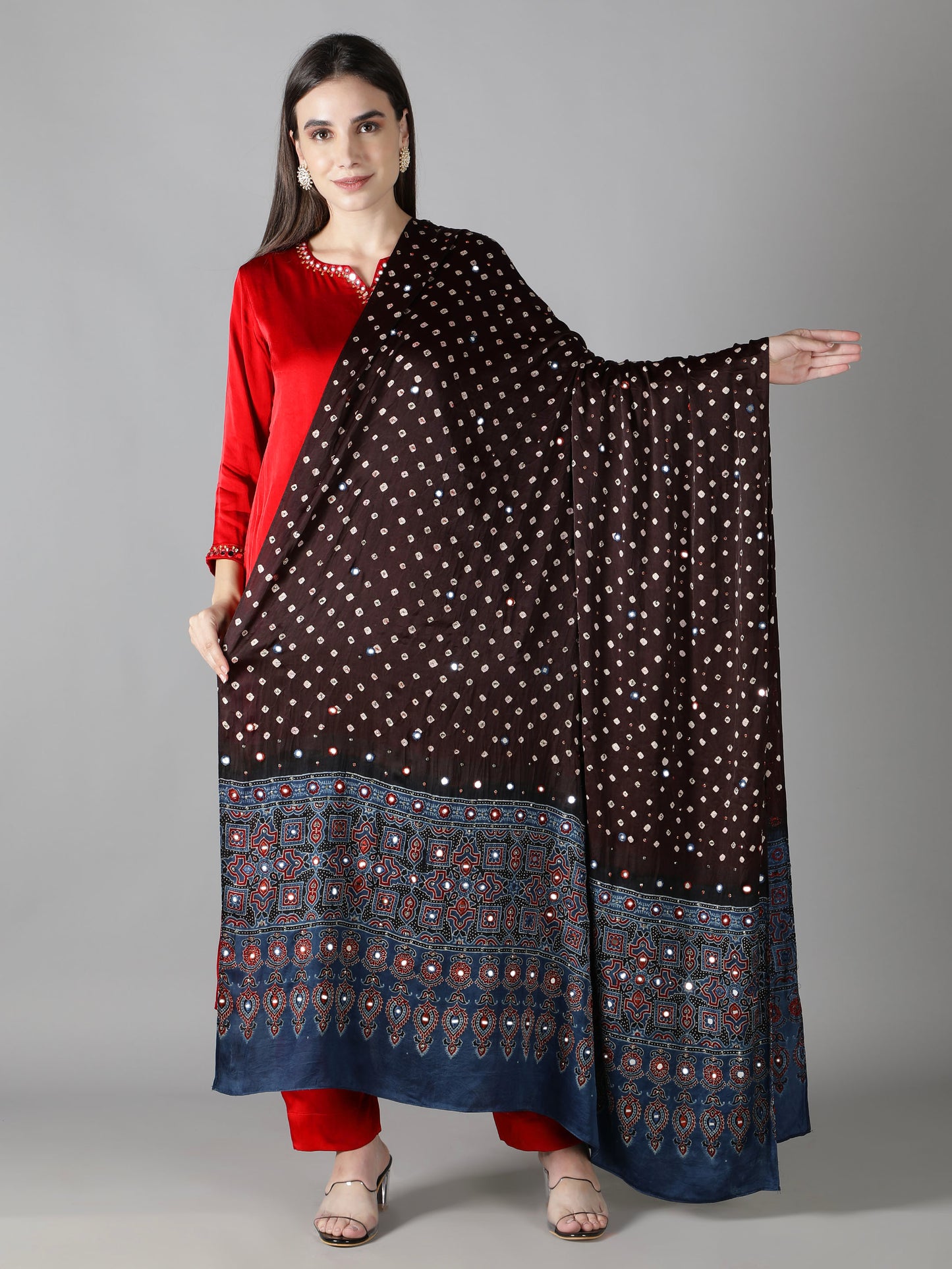 Black Bandhej With Blue Ajrakh Pallu Dupatta