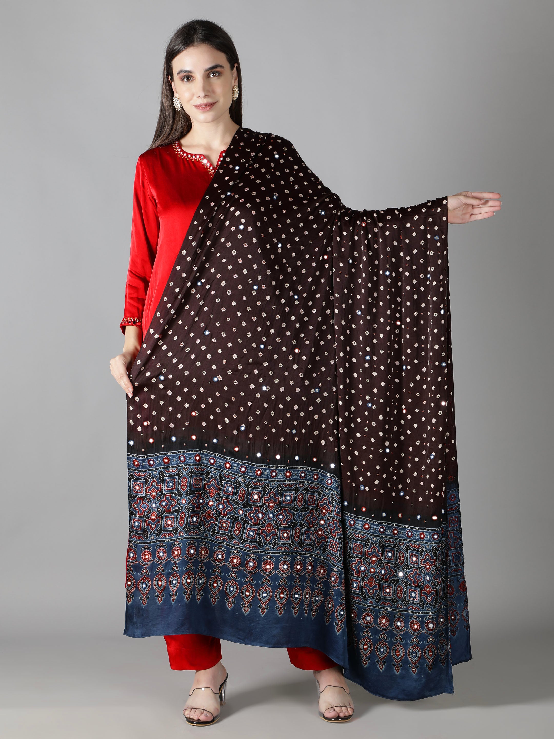 Black Bandhej With Blue Ajrakh Pallu Dupatta