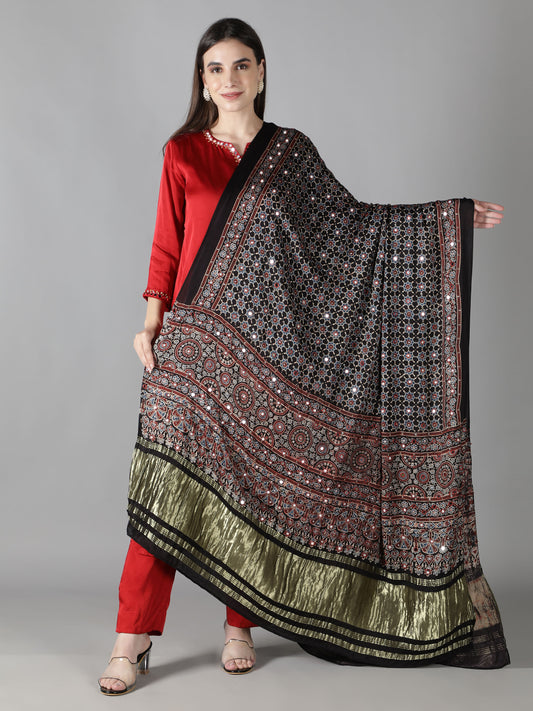 Coal Black Star Ajrakh Dupatta