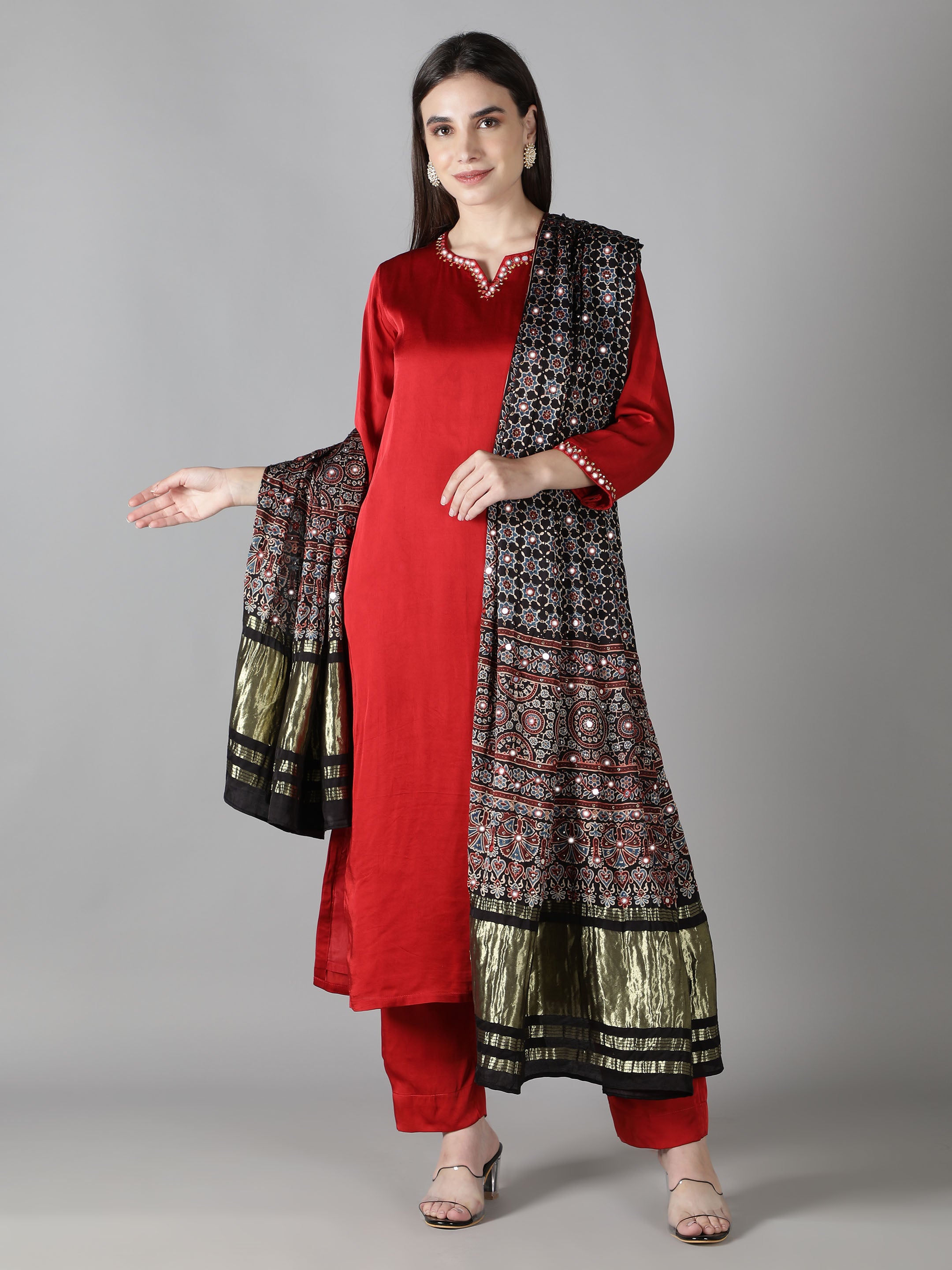 Coal Black Star Ajrakh Dupatta