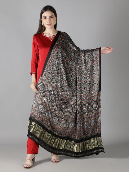 Ash Black Floral Ajrakh Dupatta