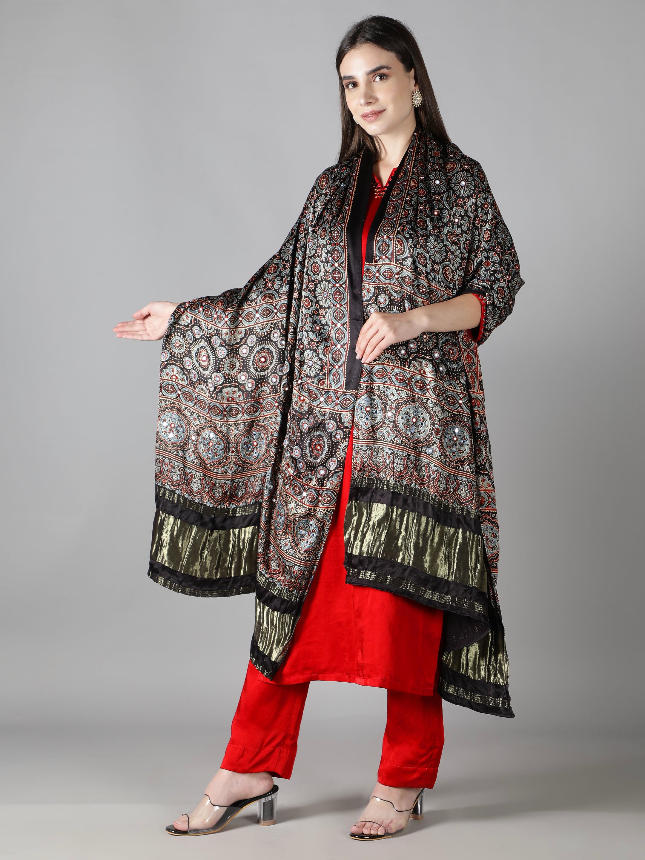 Ash Black Floral Ajrakh Dupatta