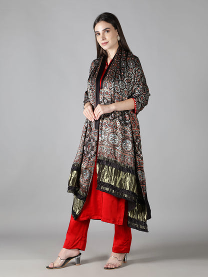 Ash Black Floral Ajrakh Dupatta