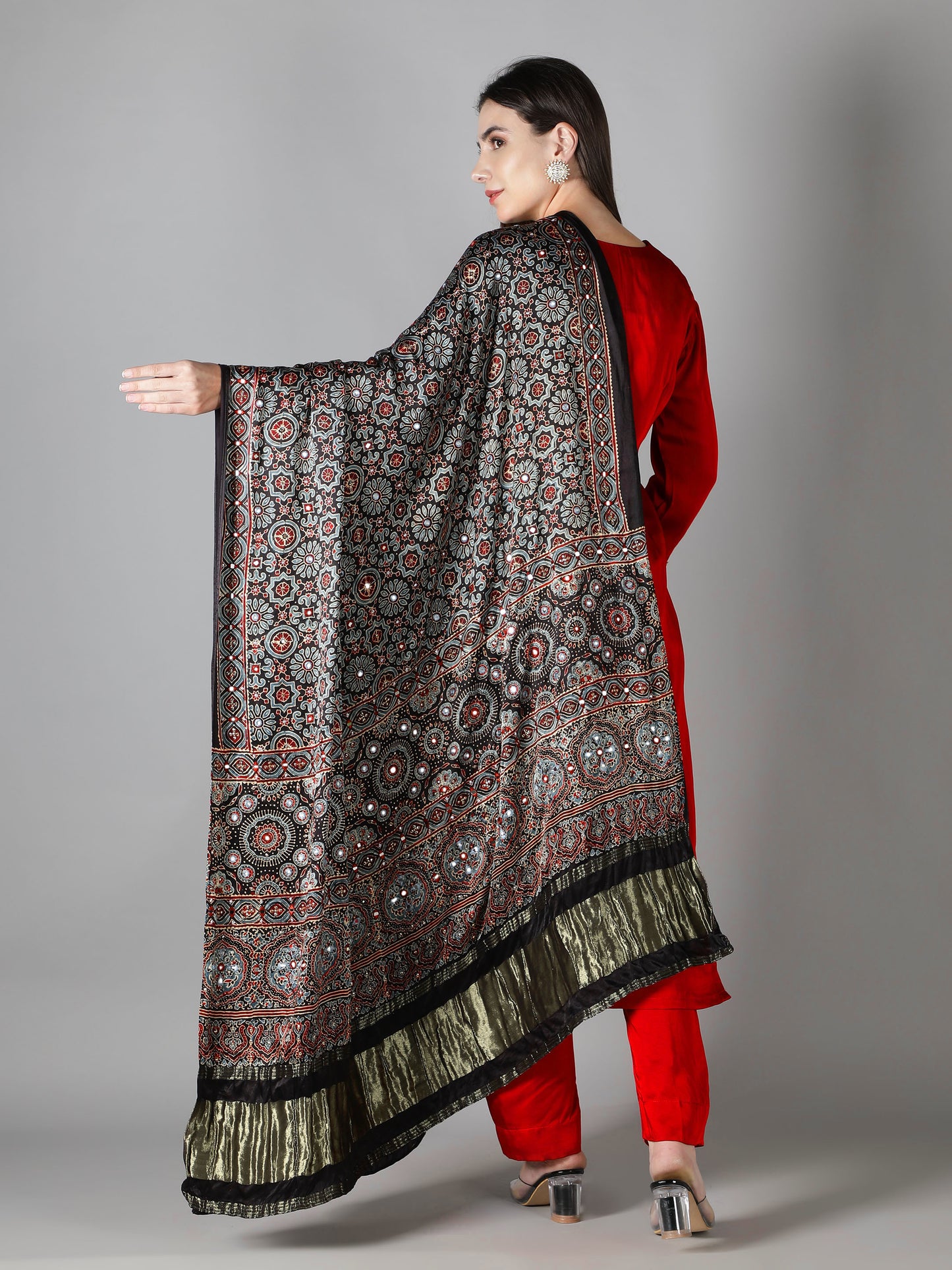 Ash Black Floral Ajrakh Dupatta
