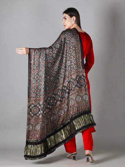 Ash Black Floral Ajrakh Dupatta