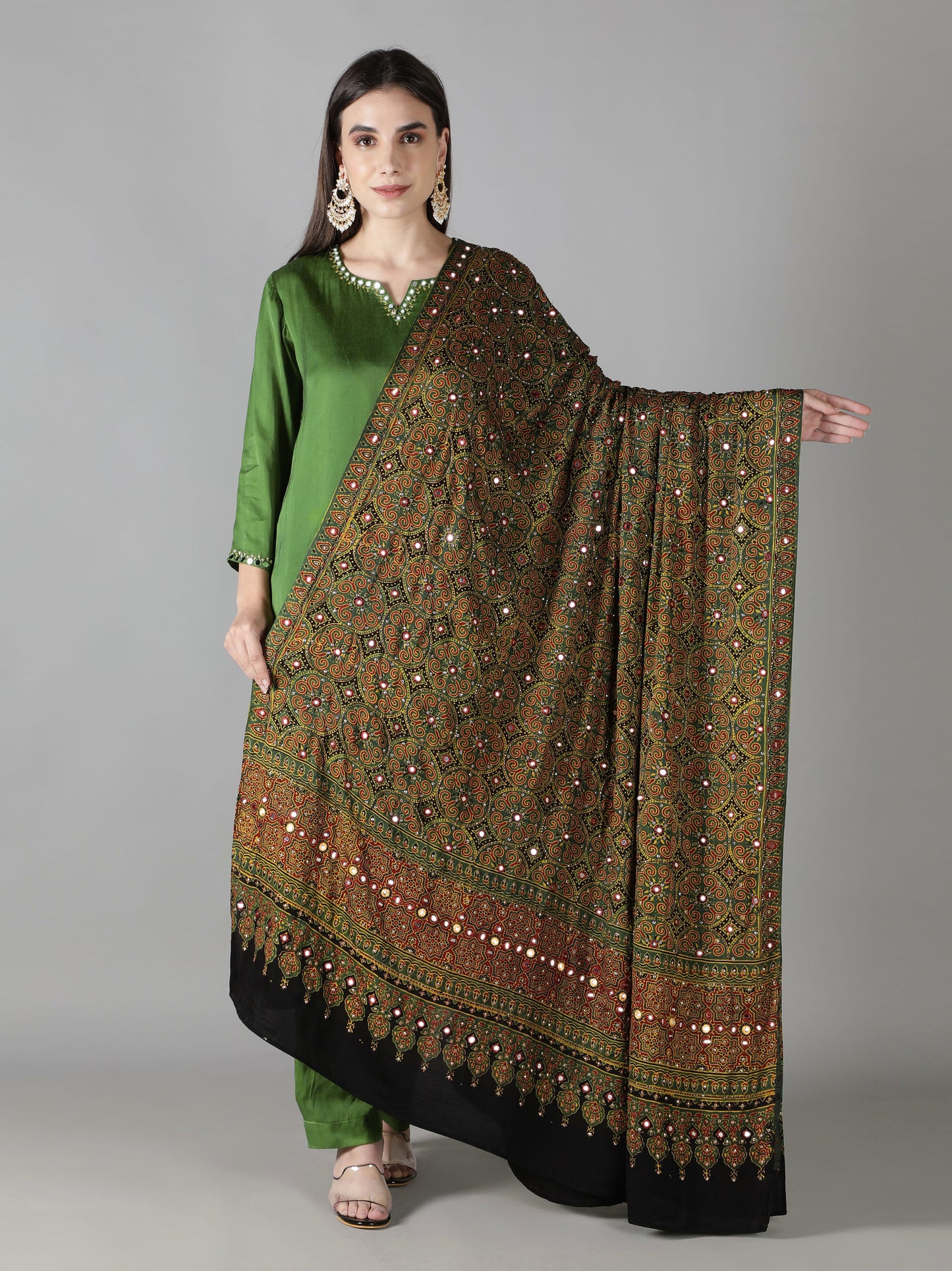Leaf Green Floral Ajrakh Dupatta