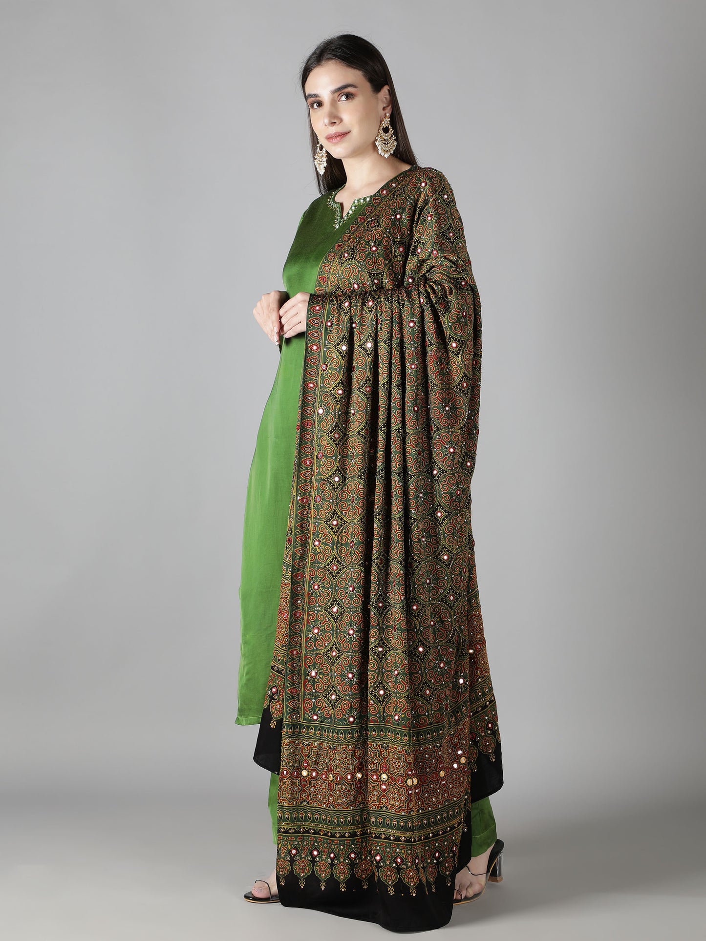 Leaf Green Floral Ajrakh Dupatta