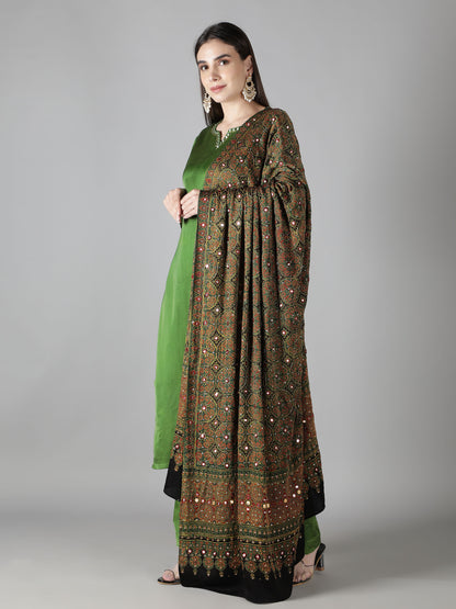 Leaf Green Floral Ajrakh Dupatta