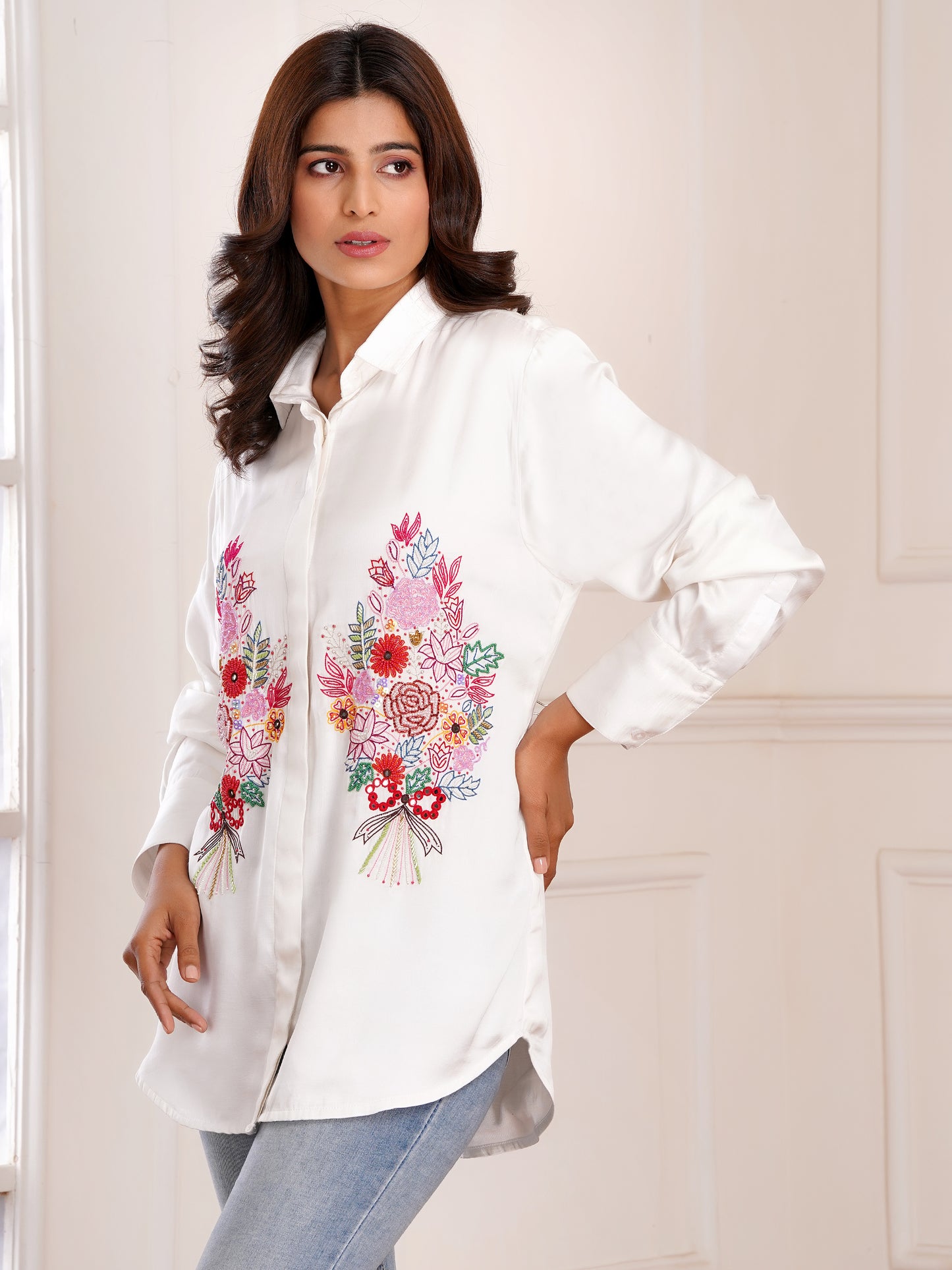 White Floral Bouquet Silk Embroidered Shirt
