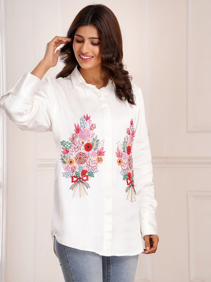 White Floral Bouquet Silk Embroidered Shirt