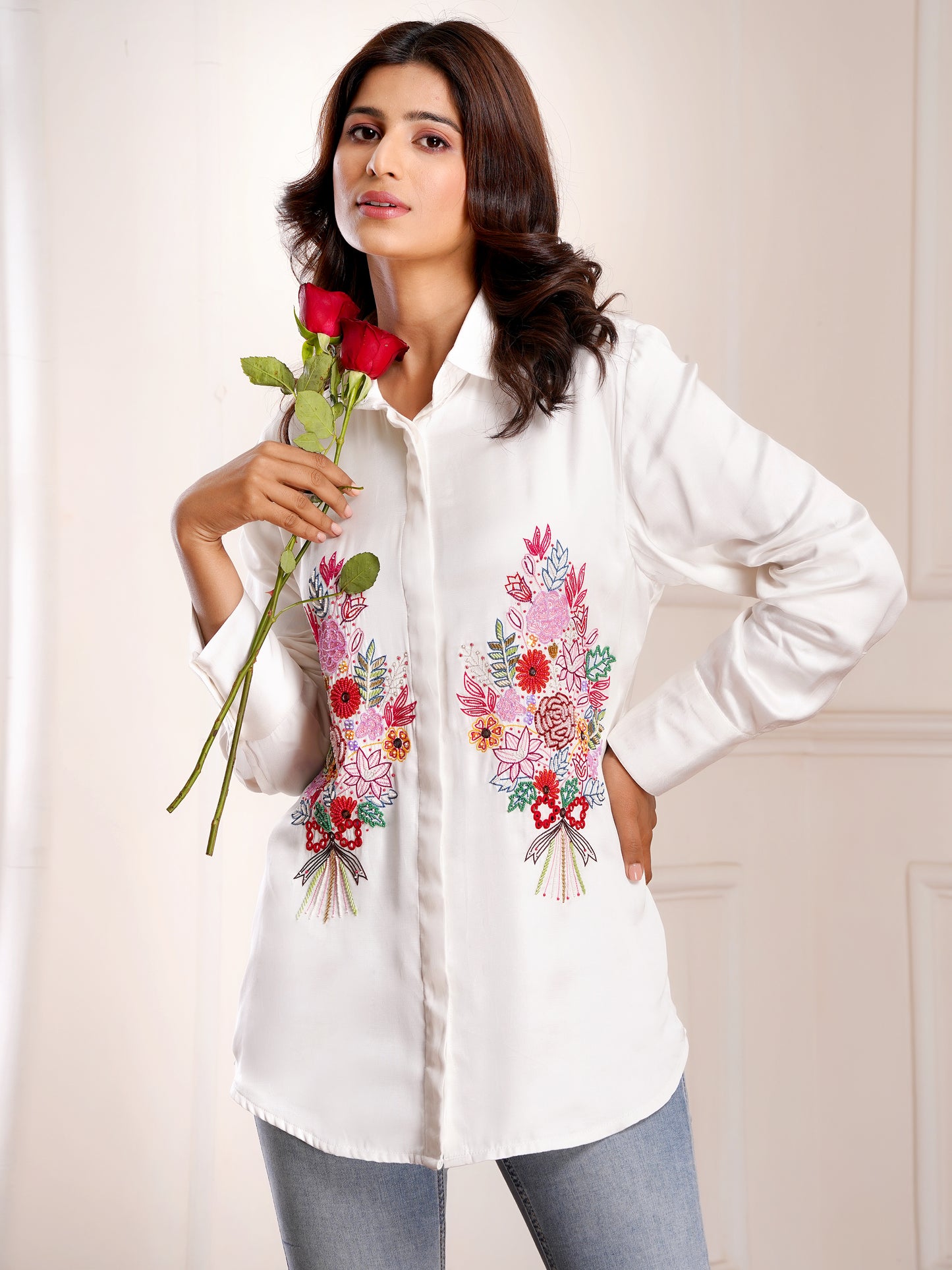 White Floral Bouquet Silk Embroidered Shirt