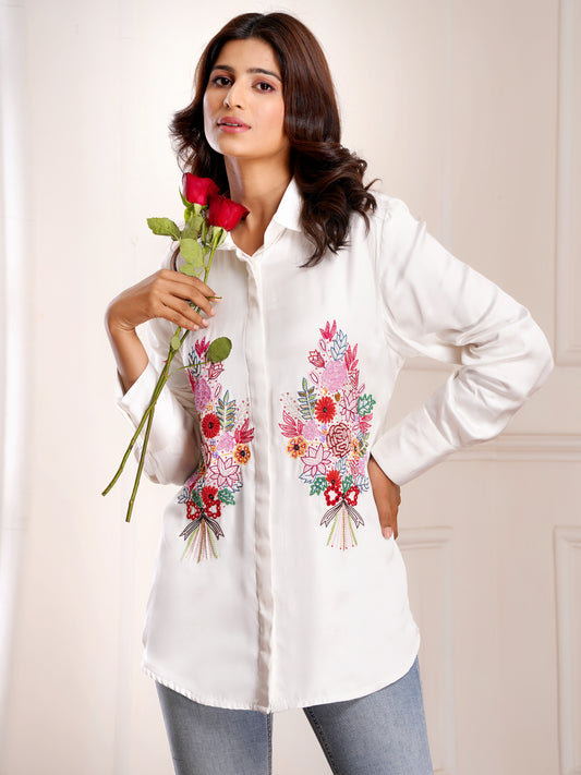 White Floral Bouquet Silk Embroidered Shirt