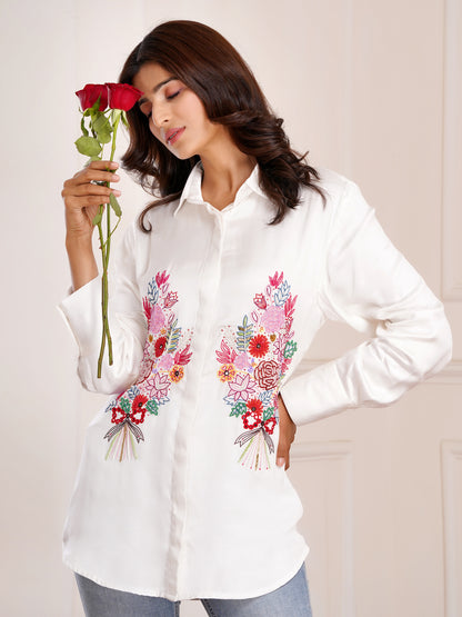 White Floral Bouquet Silk Embroidered Shirt