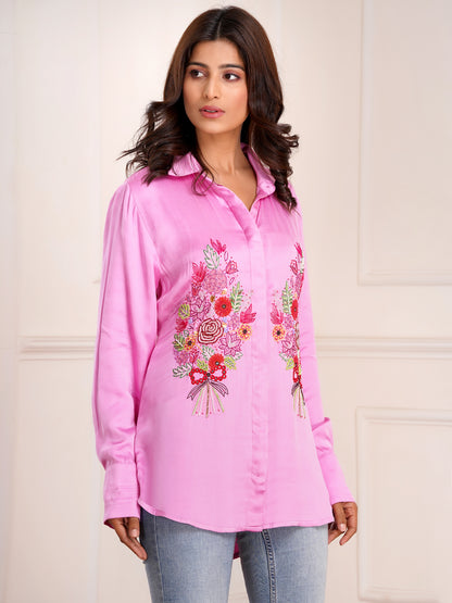 Pink Floral Bouquet  Silk Embroidered Shirt