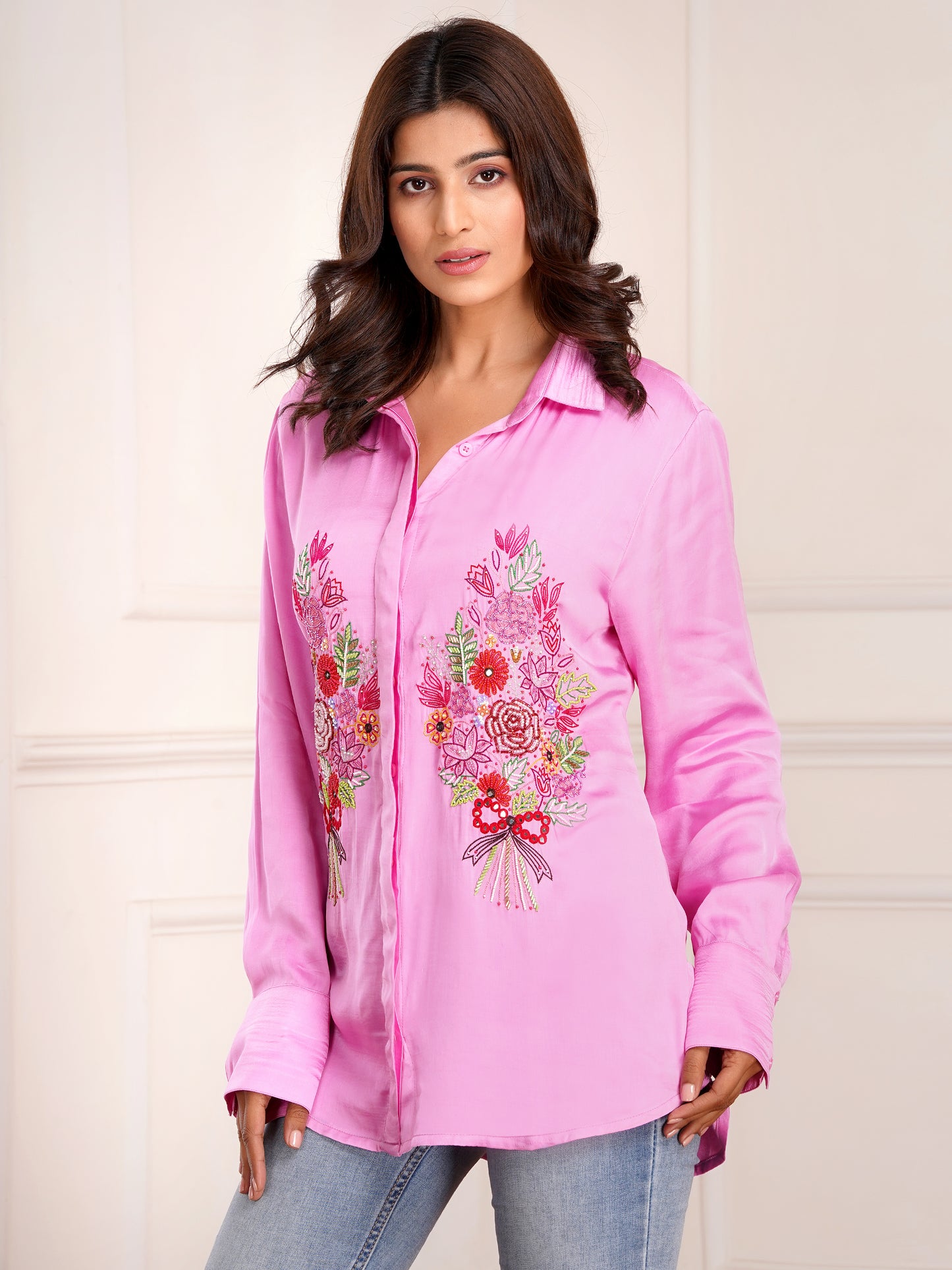 Pink Floral Bouquet  Silk Embroidered Shirt