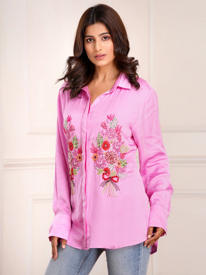 Pink Floral Bouquet  Silk Embroidered Shirt