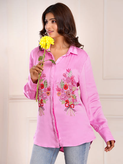 Pink Floral Bouquet  Silk Embroidered Shirt