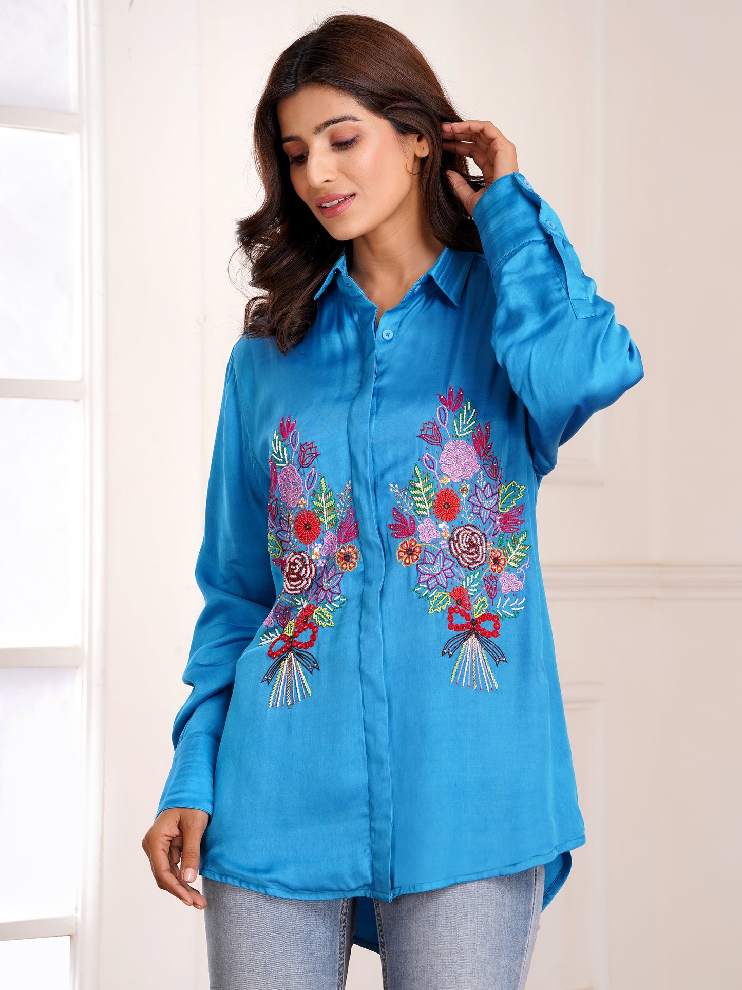 Blue Floral Bouquet Silk Embroidered  Shirt