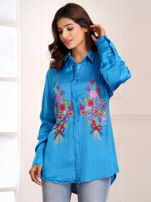 Blue Floral Bouquet Silk Embroidered  Shirt