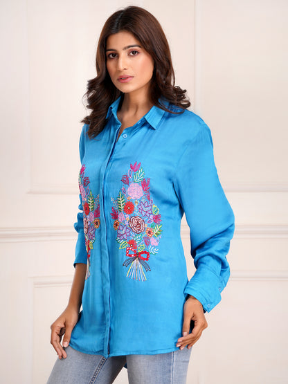 Blue Floral Bouquet Silk Embroidered  Shirt