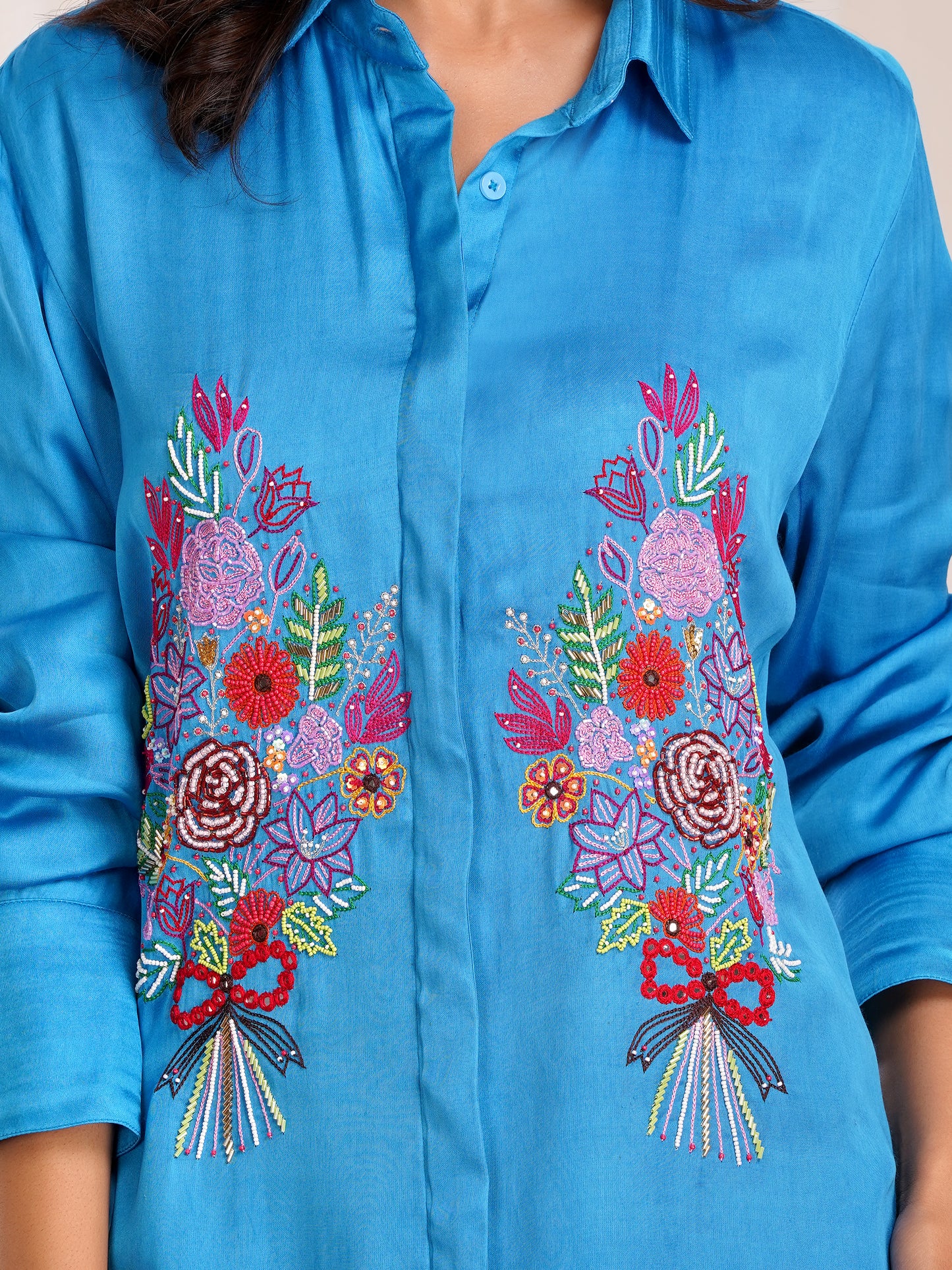Blue Floral Bouquet Silk Embroidered  Shirt