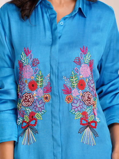 Blue Floral Bouquet Silk Embroidered  Shirt