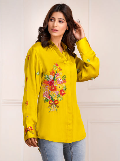 Mustard Floral Bouquet Silk Embroidered Shirt