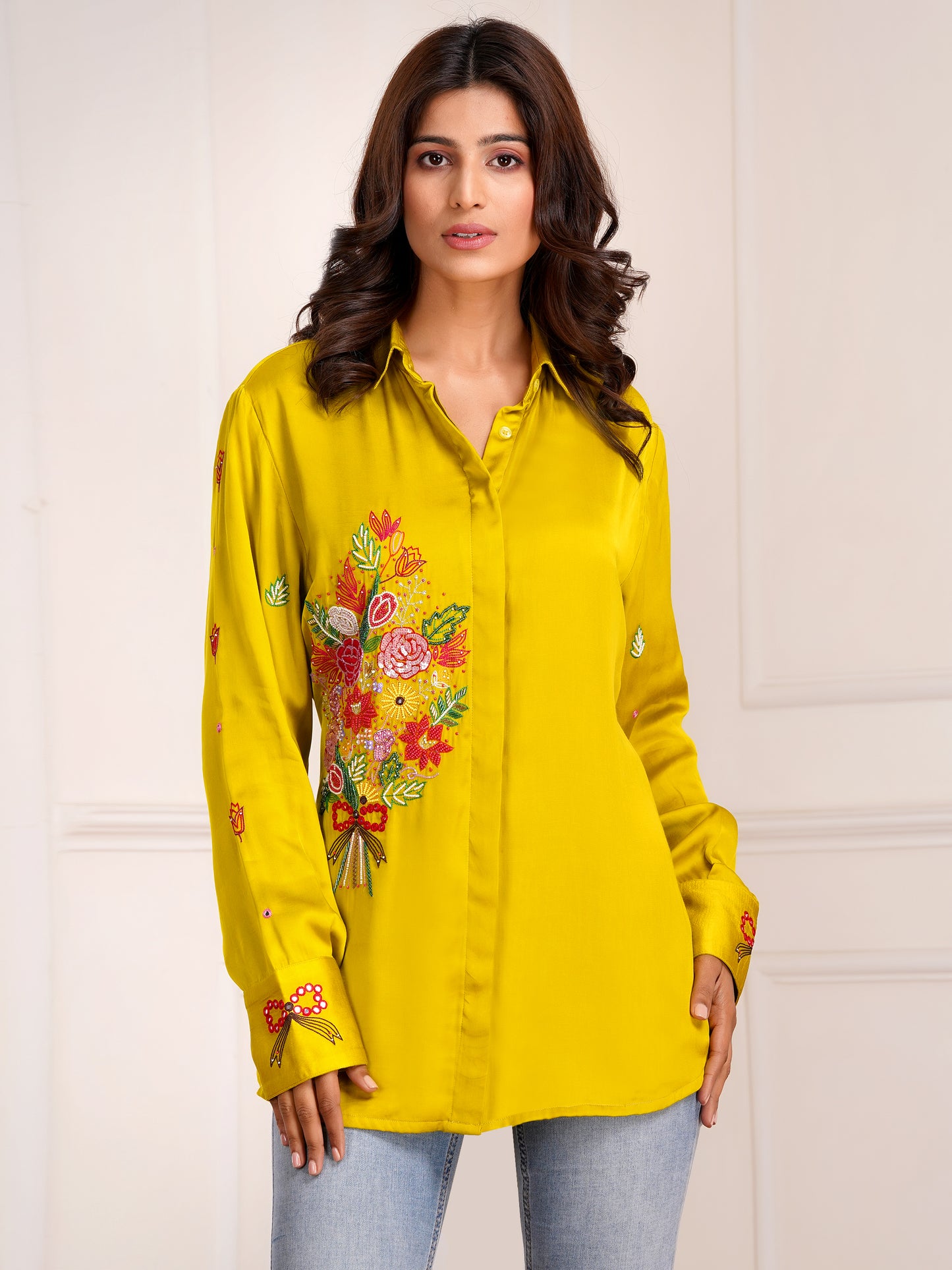 Mustard Floral Bouquet Silk Embroidered Shirt