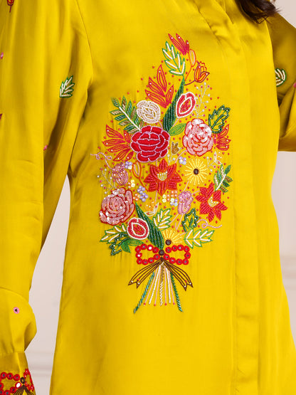 Mustard Floral Bouquet Silk Embroidered Shirt