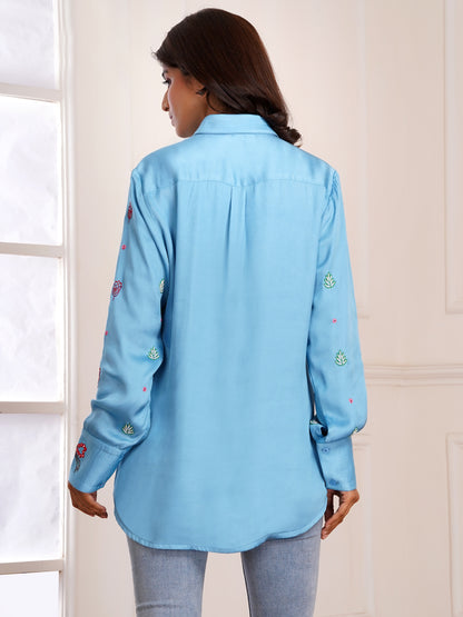 Blue Floral Bouquet Silk Embroidered Shirt