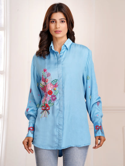 Blue Floral Bouquet Silk Embroidered Shirt
