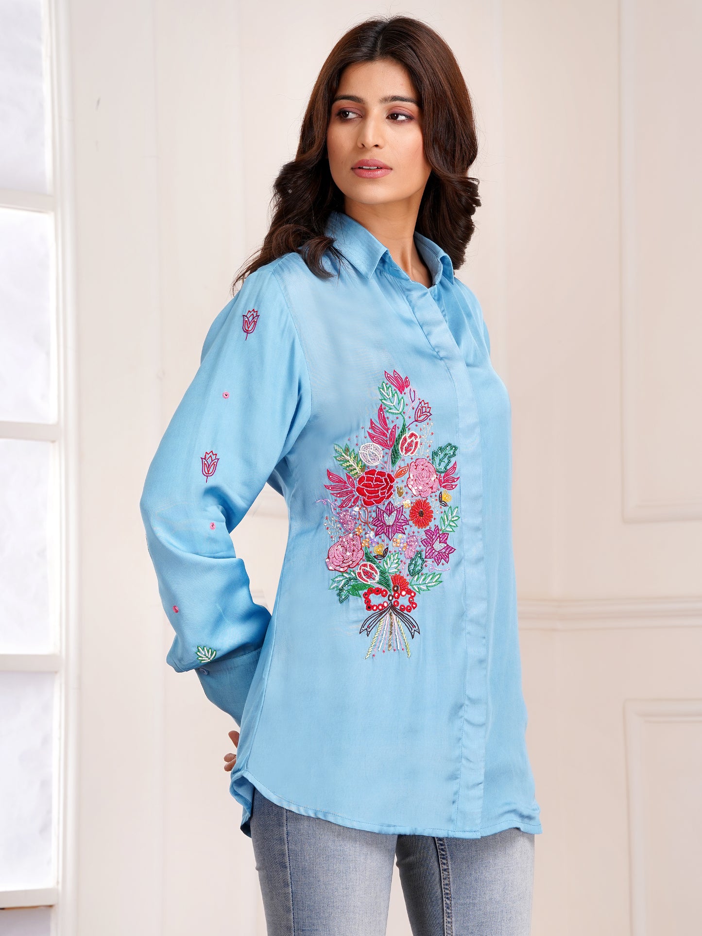 Blue Floral Bouquet Silk Embroidered Shirt