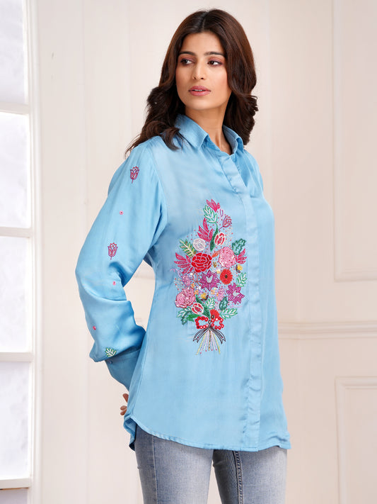 Blue Floral Bouquet Silk Embroidered Shirt