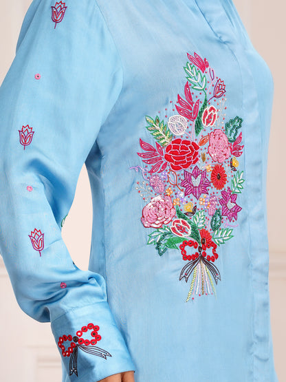 Blue Floral Bouquet Silk Embroidered Shirt