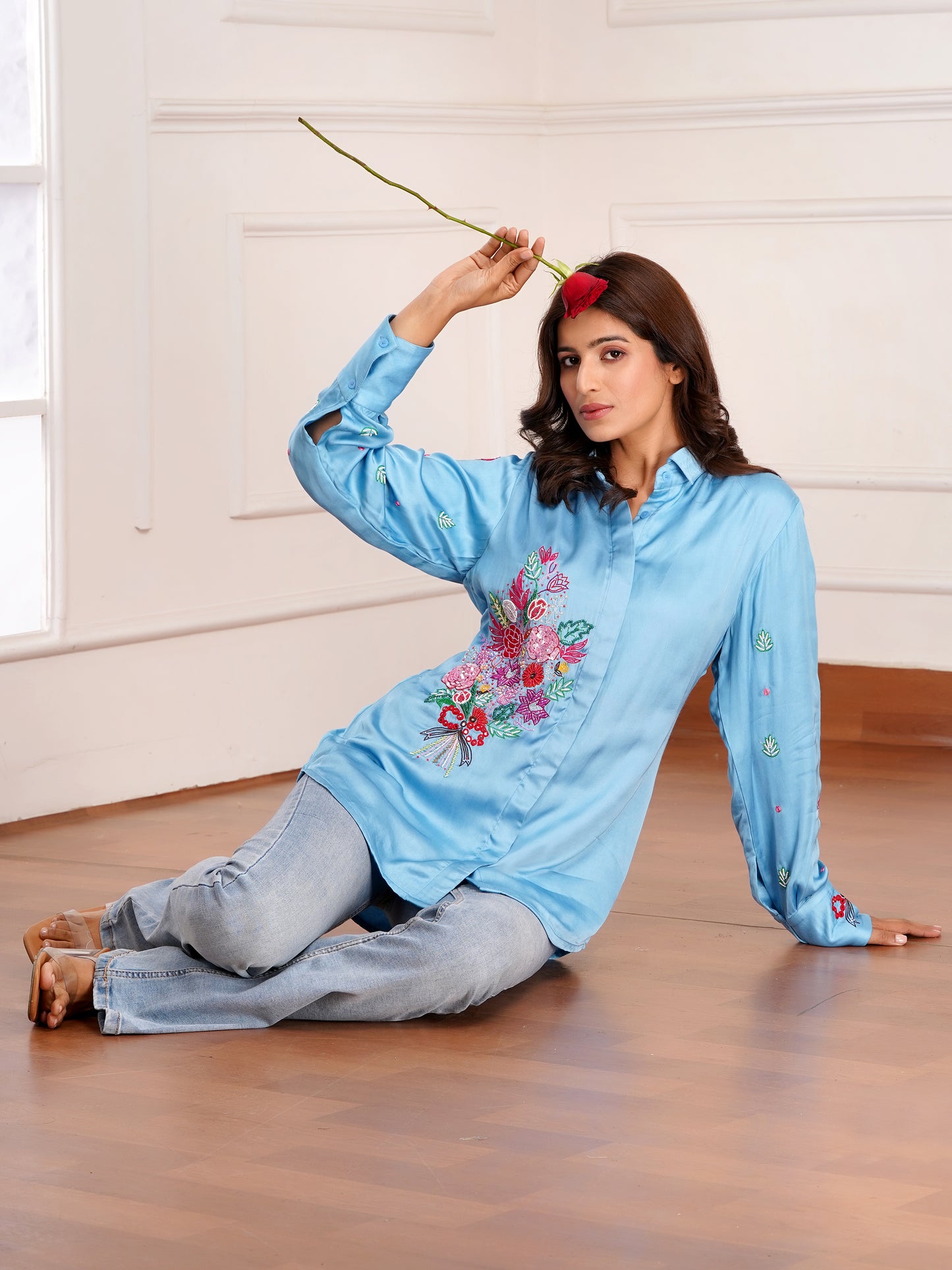 Blue Floral Bouquet Silk Embroidered Shirt