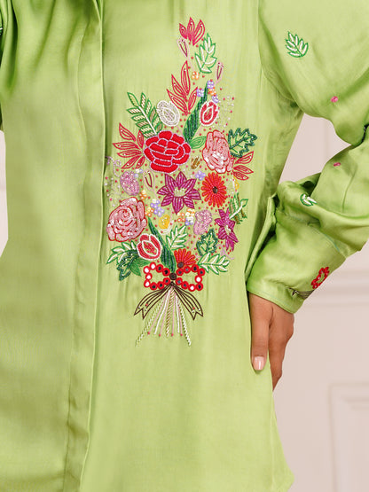Green Floral Bouquet Silk Embroidered Shirt