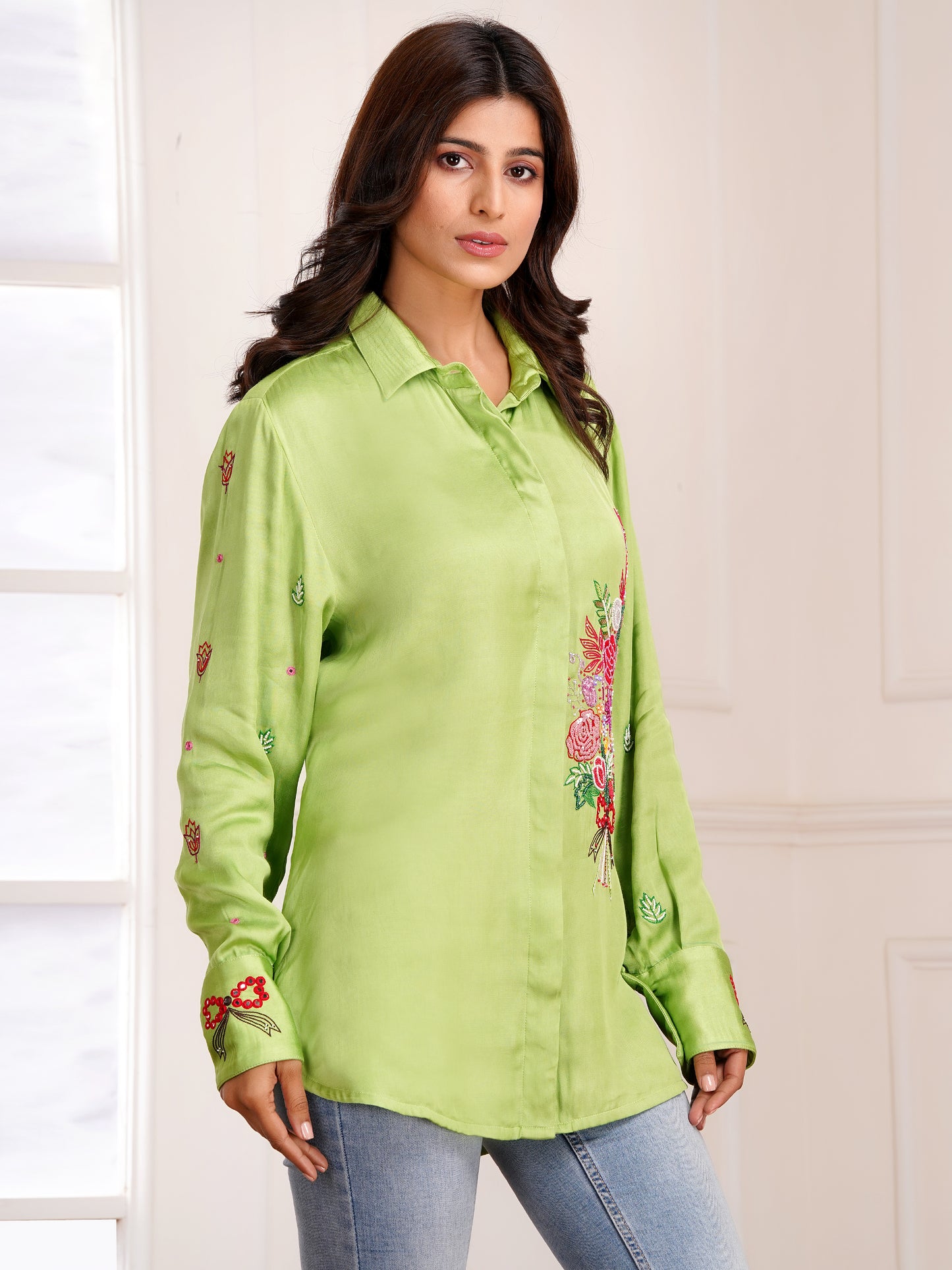 Green Floral Bouquet Silk Embroidered Shirt