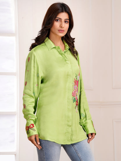 Green Floral Bouquet Silk Embroidered Shirt