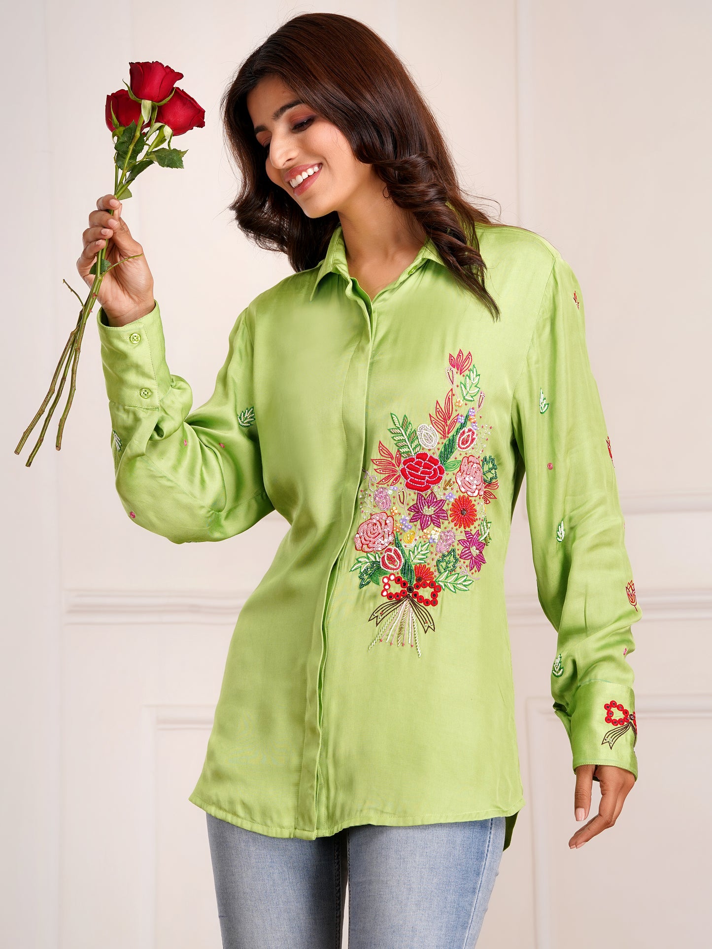 Green Floral Bouquet Silk Embroidered Shirt