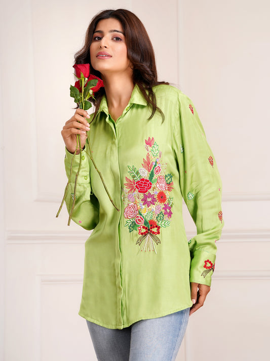 Green Floral Bouquet Silk Embroidered Shirt