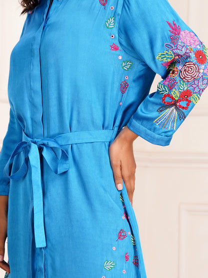 Blue Floral Bouquet Silk Embroidered Shirt Dress